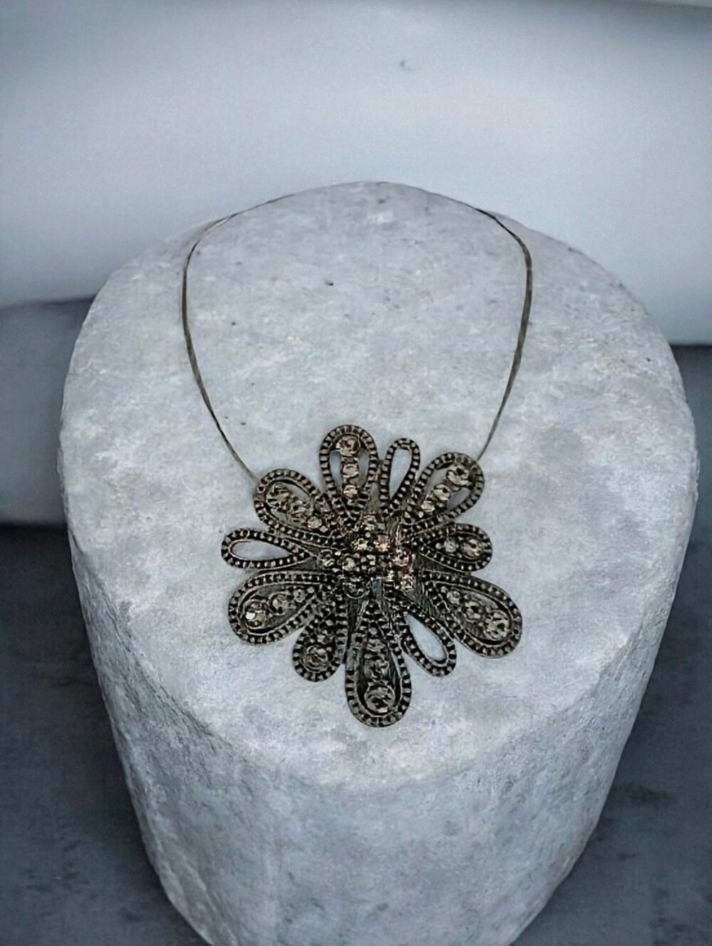 Vintage Chico's Gunmetal Tone Smoky Rhinestone Flower Pendant Multi Wire.